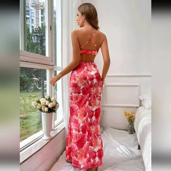 Floral Print Ruched Cutout Waist Crisscross Backless Cami Dress - Picture 2 of 4